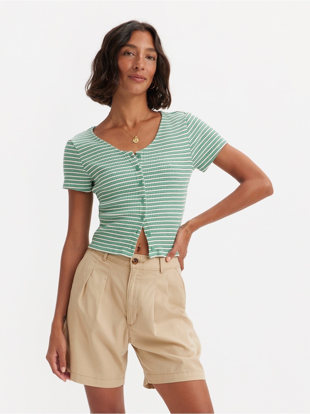 Levi's Green and Cream Striped Ribbed Button-Front Tee